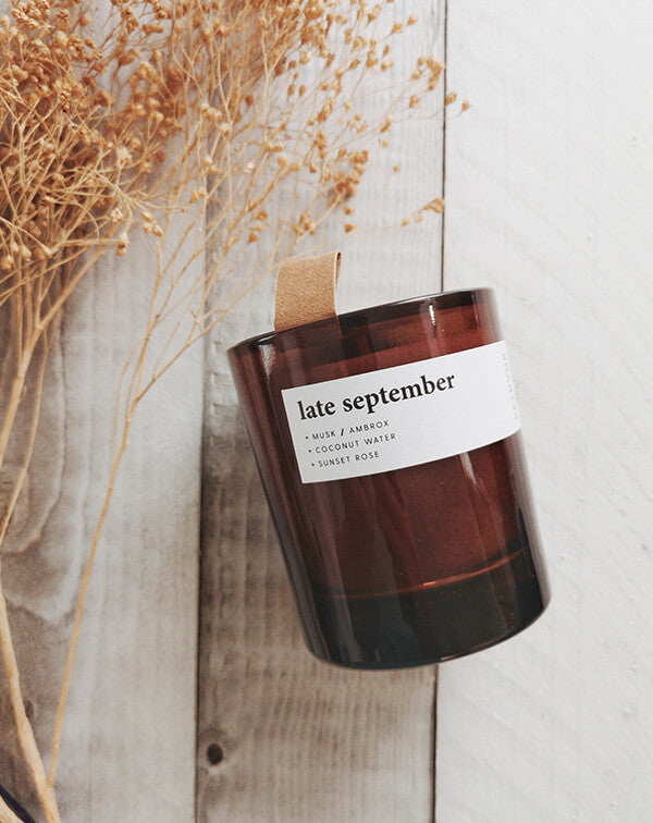 reusable amber glass jar with eco friendly lid from independent candle business Keynvor. Late September new eco soy candle.