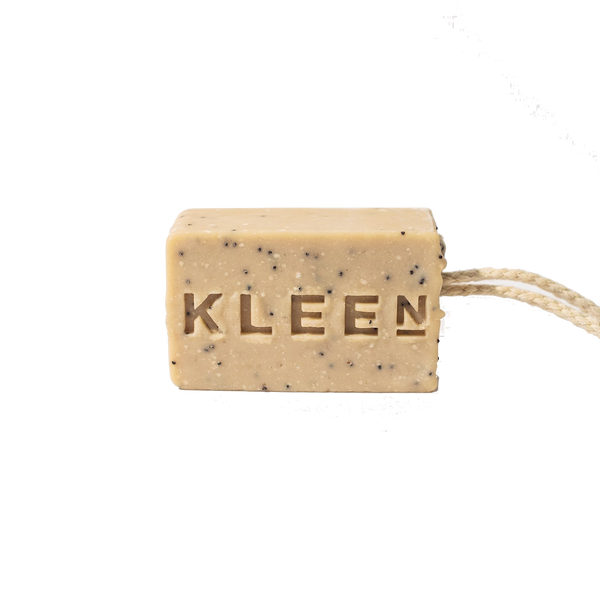 Picture of Pumice foot scrub soap on a cotton rope by natural skincare brand Kleen soaps ideal for tired feet