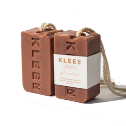 Picture with two French Pink Clay exfoliating soaps on a cotton rope by natural skincare brand Kleen soaps ideal for sensitive skin
