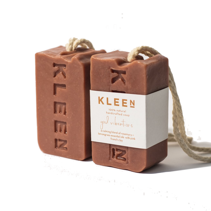 Picture with two French Pink Clay exfoliating soaps on a cotton rope by natural skincare brand Kleen soaps ideal for sensitive skin