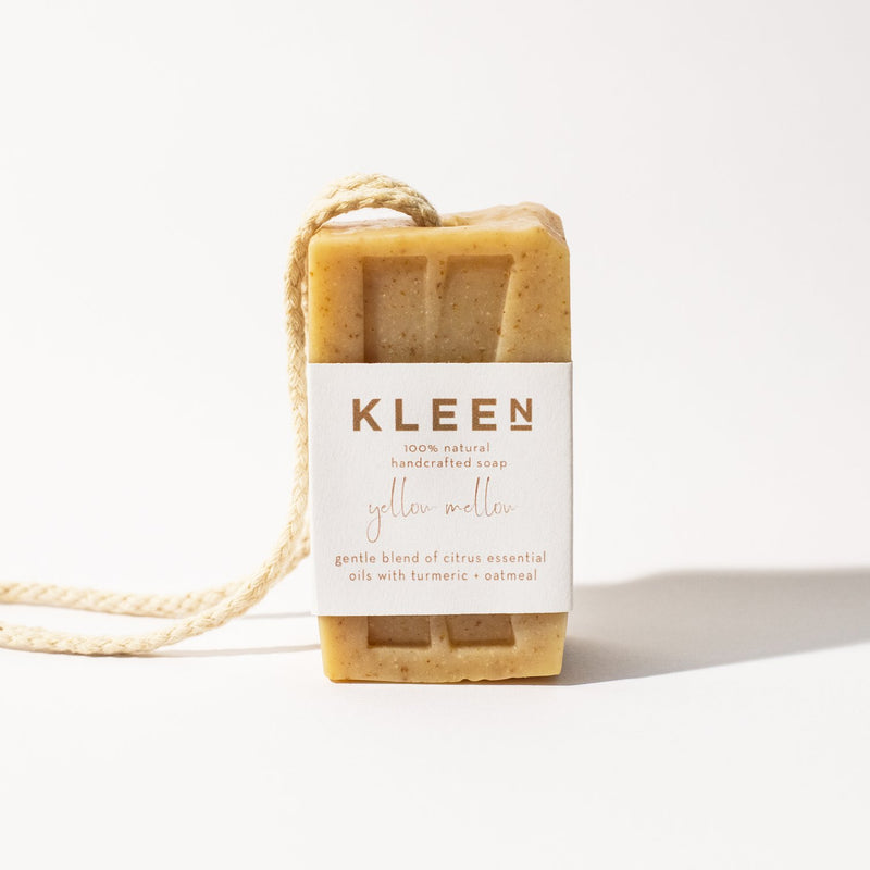 Citrusy exfoliating soaps on a cotton rope by natural skincare brand Kleen soaps ideal for oily skin