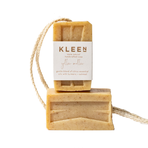 Picture with two citrusy exfoliating soaps on a cotton rope by natural skincare brand Kleen soaps ideal for oily skin