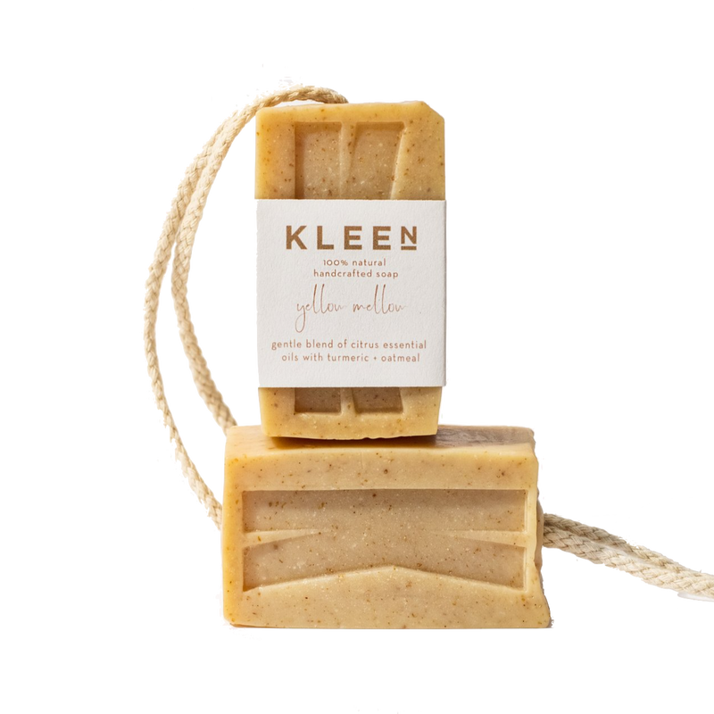 Picture with two citrusy exfoliating soaps on a cotton rope by natural skincare brand Kleen soaps ideal for oily skin