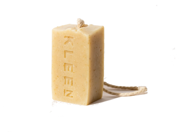 Unscented soap on a cotton rope by natural skincare brand Kleen soaps for sensitive skins