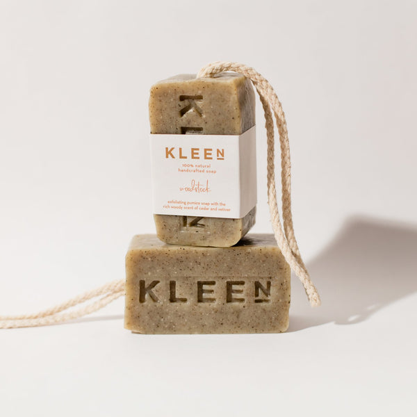 two soaps on a rope, one horizontal and one vertical, by natural skincare brand Kleen soaps