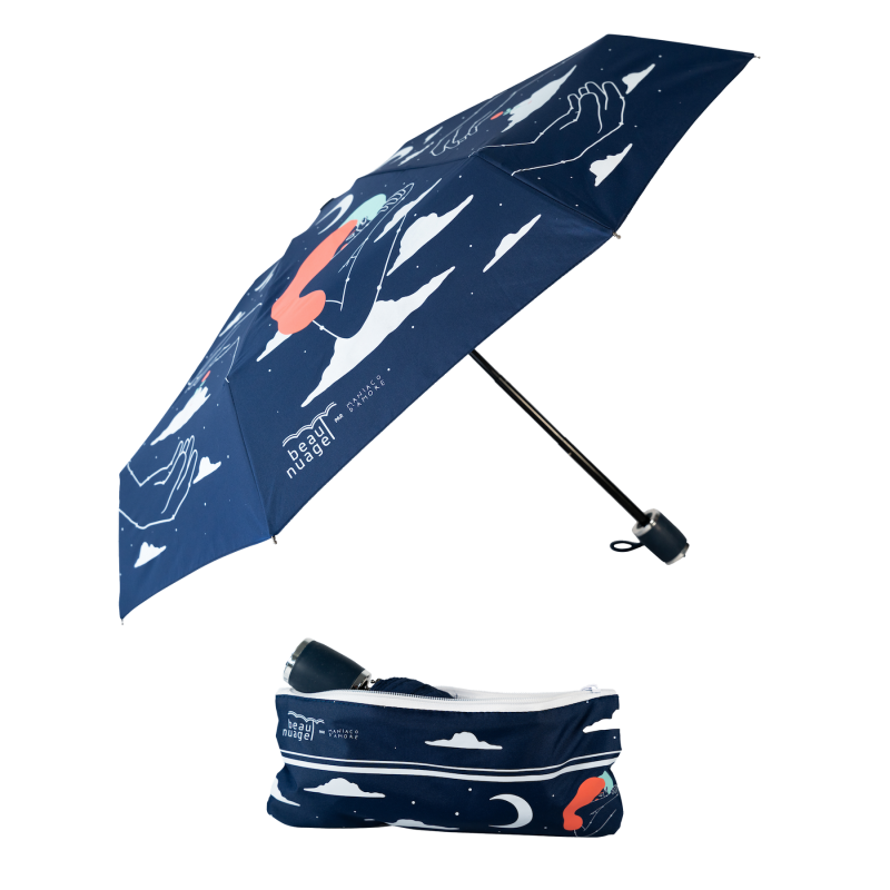 picture of the Universal Blue umbrella plus case by French brand Beau Nuage, an umbrella made from recycled plastic bottles aimed to protect our environment as well as keeping us dry from the rain