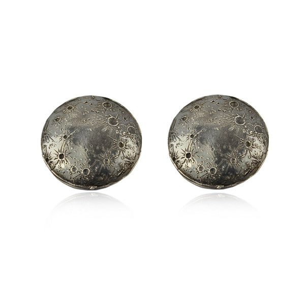 handmade large full moon earrings in oxidised sterling silver by Japanese artist momocreatura