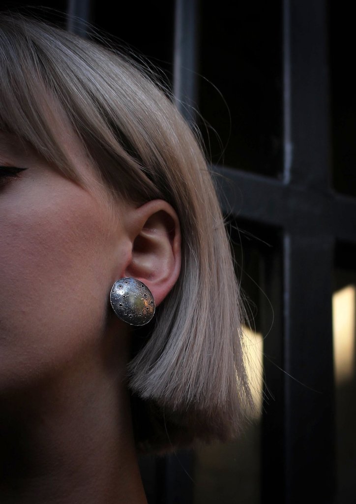 handmade large full moon earrings in oxidised sterling silver by Japanese artist momocreatura
