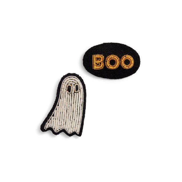 Hand embroidered brooch of a Ghost and a Boo by French company Macon et Lesquoy, available to purchase at www.cuemars.com
