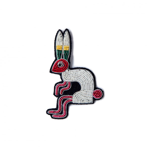 White hand embroidered rabbit inspired by the native americans in beautiful colours, designed by the French company Macon et Lesquoy. Available at www.cuemars.com