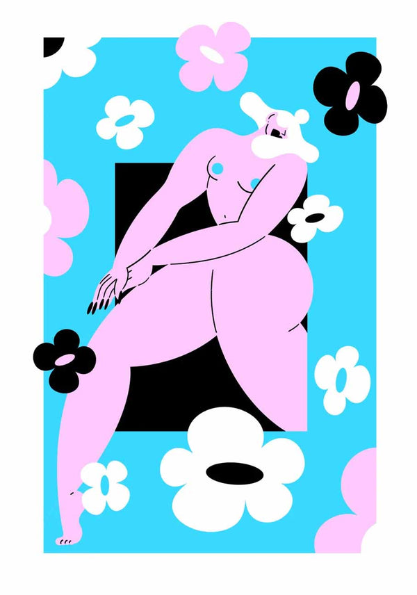 Screen print in 3 colours featuring the figure of a woman standing up surrounded by flowers, belonging to the Fantasy collection by MArylou Faure. Available at www.cuemars.com