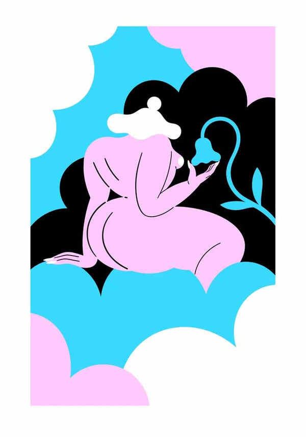 Screen print in 3 colours featuring the figure of a woman sitting on a cloud holding a blue flower, belonging to the Fantasy collection by MArylou Faure. Available at www.cuemars.com