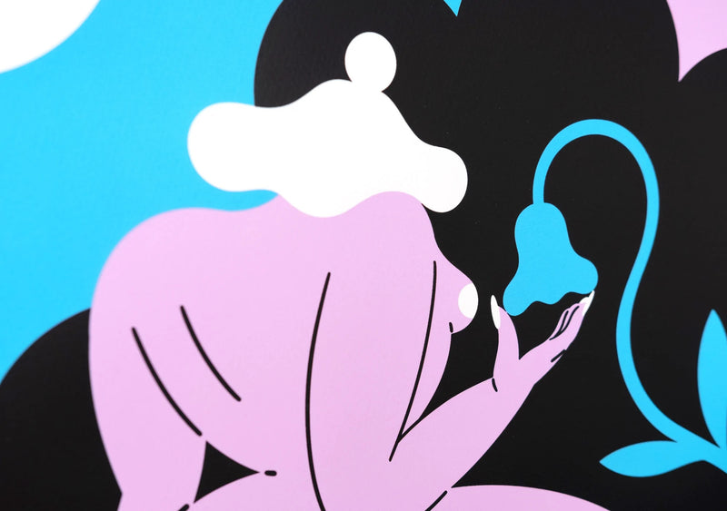 Details of screen print in 3 colours featuring the figure of a woman sitting on a cloud holding a blue flower, belonging to the Fantasy collection by MArylou Faure. Available at www.cuemars.com