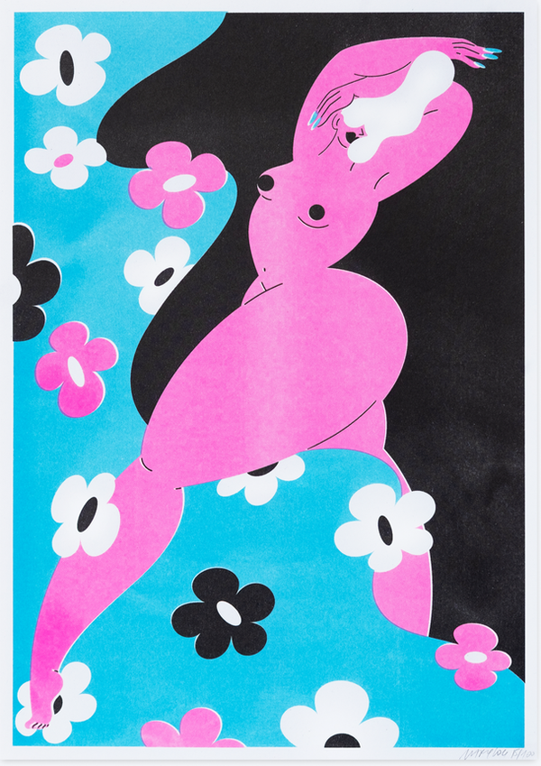 blue, black and pink riso print by french artist marylou faure showcasing a nude woman surrounded by flowers