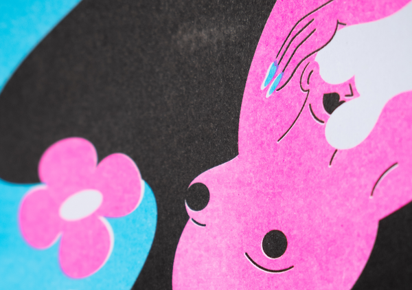 deatials of blue, black and pink riso print by french artist marylou faure showcasing a nude woman surrounded by flowers