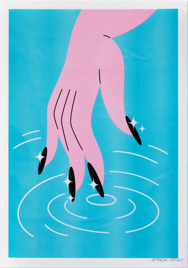 illustration of a hand with long black nails from the Skinny Dipping collection by Parisian artist MArylou Faure. Available at www.cuemars.com