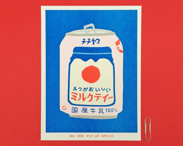 Vibrant can of Japanese milky tea illustrated and printed by We Are Out of Office