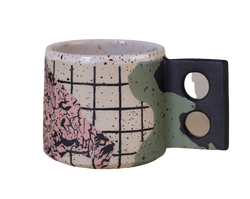 Colourful pattern in pink and green ceramic mug by Minx Factory. Available at cuemars.com