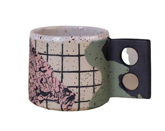 Colourful pattern in pink and green ceramic mug by Minx Factory. Available at cuemars.com