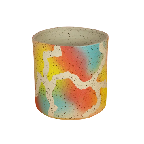 Blue yellow red speckled ceramic planter, hand-thrown in Barcelona by Minx Factory. Available at www.cuemars.com