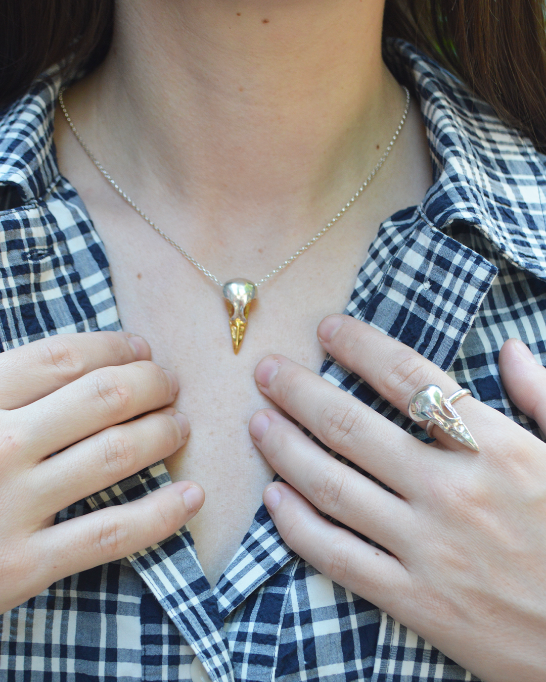 Details of a handmade bird skull necklace in sterling silver and a 24ct gold plated beak 