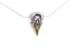 Handmade finch bird skull necklace in sterling silver and 24ct gold plated beak