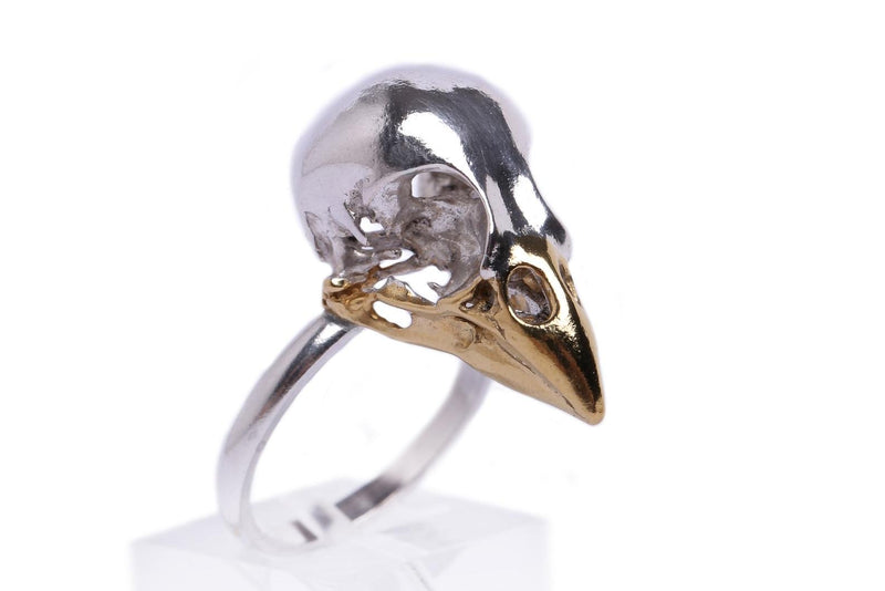 Handmade finch skull ring cast in sterling silver and a 24ct gold plated beak by misan jewellery