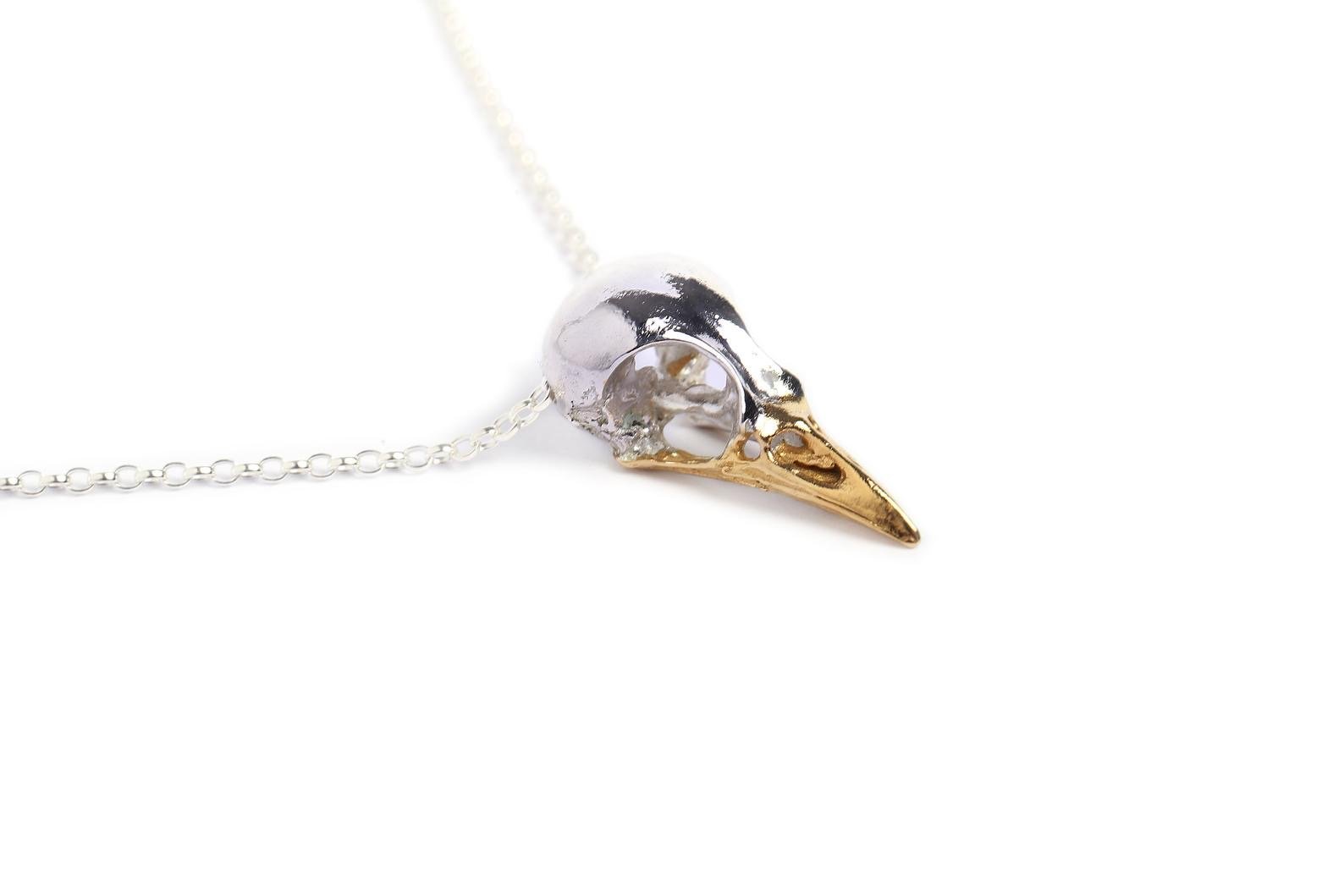 Handmade large bird skull statement necklace in sterling silver and a 24ct gold plated beak 