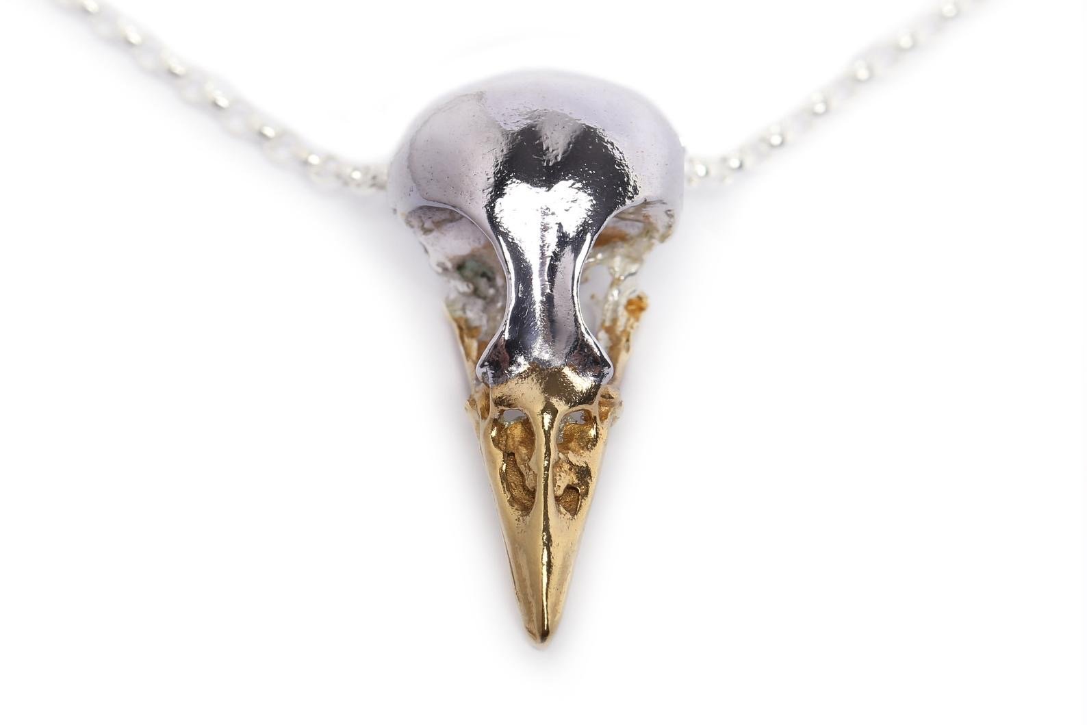 Handmade Sterling Silver and 24ct gold plated beak large bird skull necklace