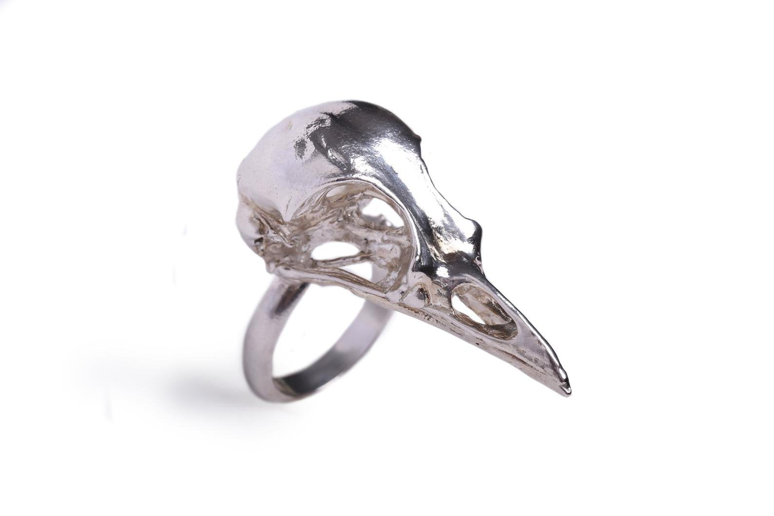 Close up details of handmade large bird skull statement ring in sterling silver