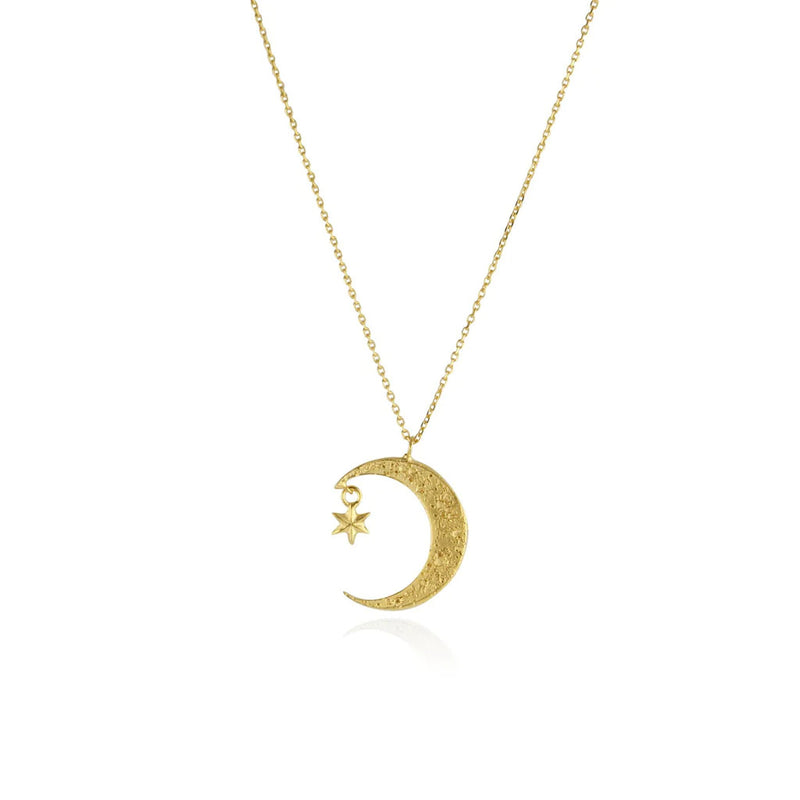 Momocreatura Crescent Moon and Star Necklace  in 24k solid Gold Vermeil recycled silver. Available at www.cuemars.com