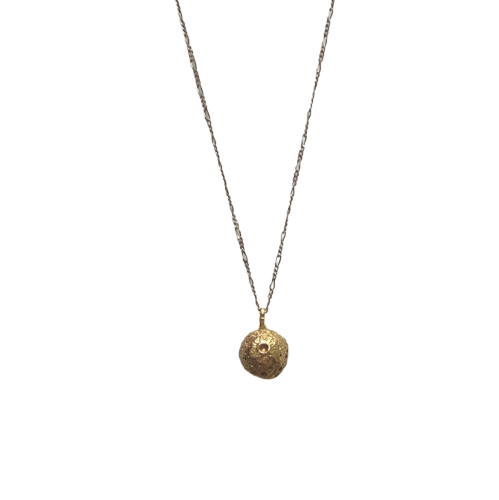 Gold Vermeil hand carved moon sphere necklace with Silver chain by Momocreatura, available at www.cuemars.com