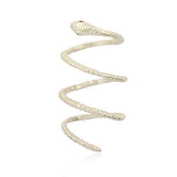 Silver Snake with dark eyes statement spiral ring handmade by Momocreatura in London