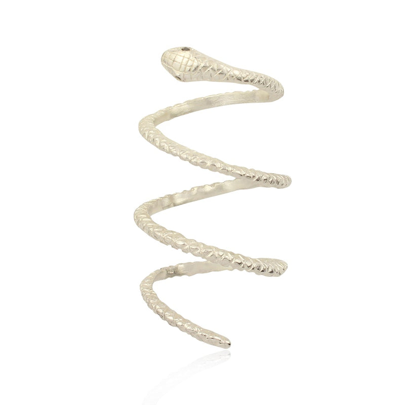 Silver Snake with dark eyes statement spiral ring handmade by Momocreatura in London