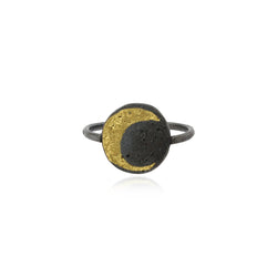 Gold Vermeil Crescent Moon in a black sky made out of oxidised sterling silver. Handcrafted by Momocreatura in London.