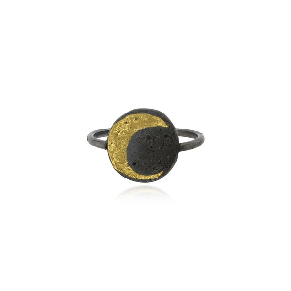 Gold Vermeil Crescent Moon in a black sky made out of oxidised sterling silver. Handcrafted by Momocreatura in London.