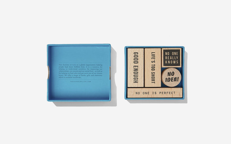 Content of box with 5 Motivational stamps to help brighten up your stationary or your life by The School of Life