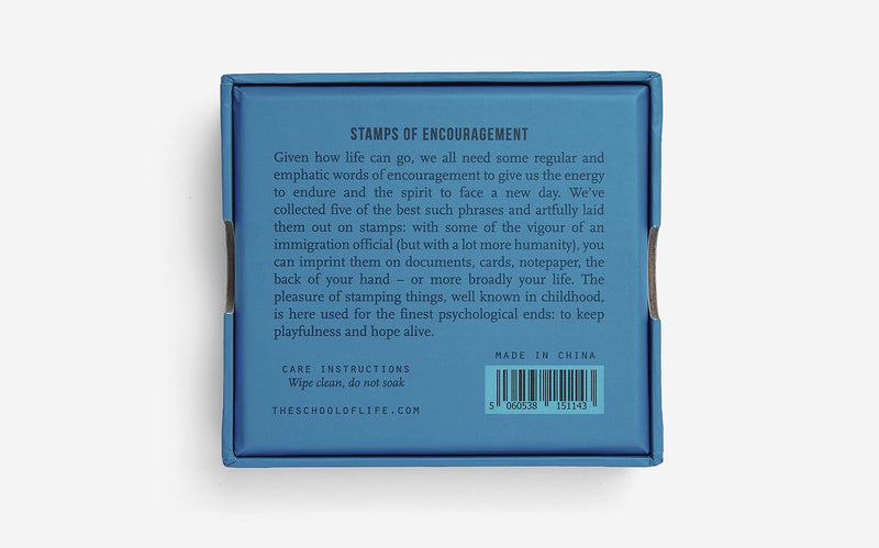 Back of the Box with 5 Motivational stamps to help brighten up your stationary or your life by The School of Life
