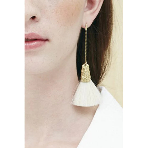 Niza Huang Canvas cream dangle earring in brass and fibre, available at www.cuemars.com