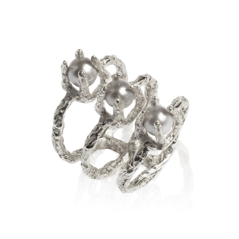 Handmade statement silver ring with 3 pearls