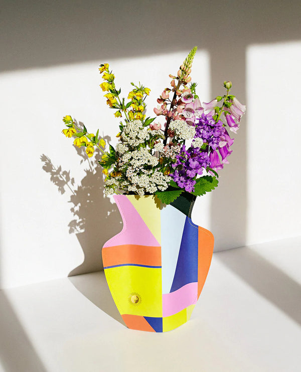colourful paper vase with Octaevo stamped in gold available at cuemars.com