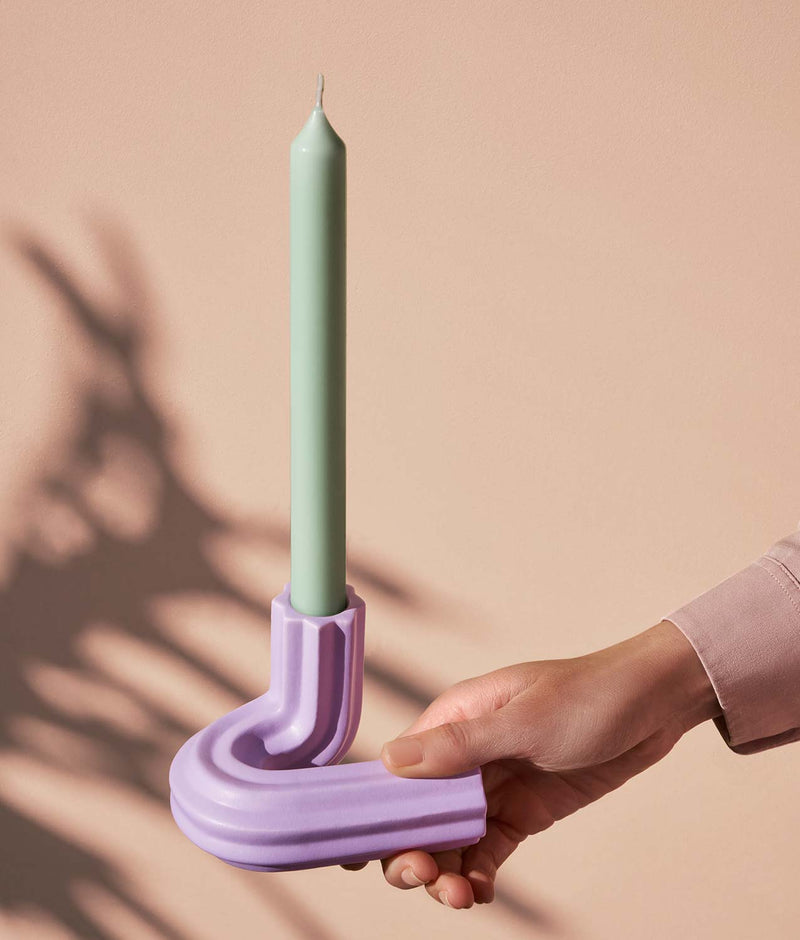 handmade stoneware lilac candle holder inspired by ancient columns by Barcelona based Octaevo Studio, available to purchase at cuemars.com