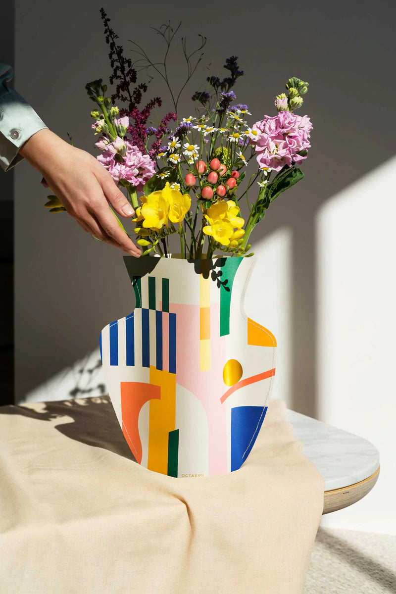 Colourful paper vase in blues, greens, whites and pastels designed and made by Octaevo, available at cuemars.com
