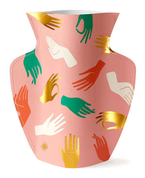 hamsa paper vase pink with gold green white and terracota hands printed. Designed and made by Octaevo, available at cuemars.com