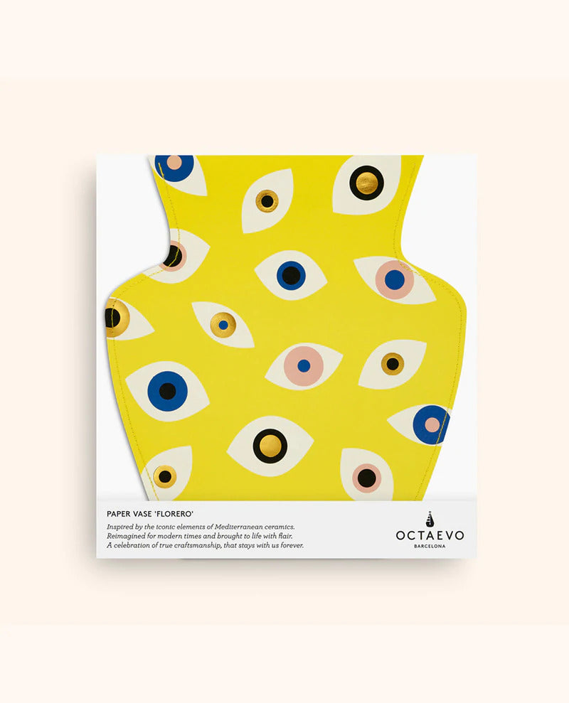 yellow paper vase with illustrations of eyes in different colours by Spanish design studio Octaevo, available at cuemars.com