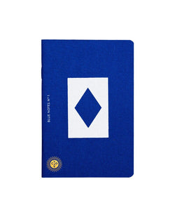 Blue pocket notebook with white screen print illustration on the front and octaevo gold stamp, available to purchase at cuemars.com