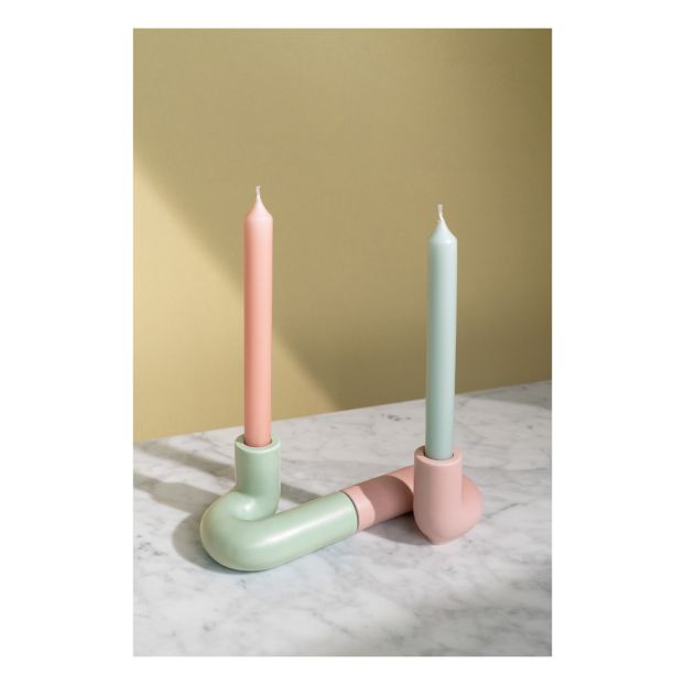 handmade stoneware pink and mint candle holder inspired by ancient columns by Barcelona based Octaevo Studio, available to purchase at cuemars.com