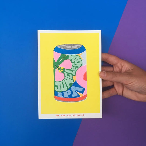 Vibrant risograph print featuring a can of jungle soda IPA by Utrecht based We are out of office available now at Cuemars