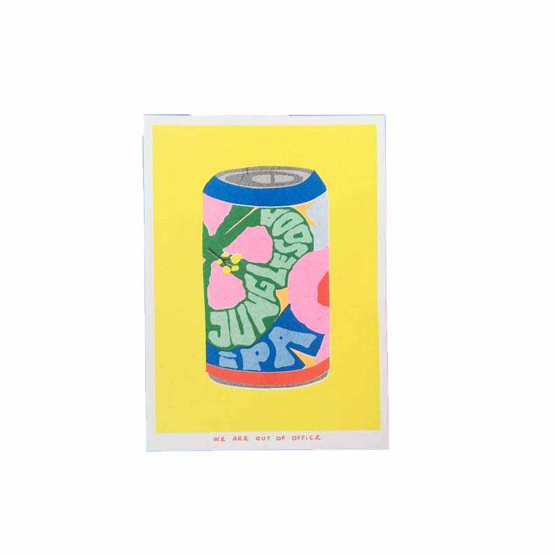 Vibrant risograph print featuring a can of jungle soda IPA by Utrecht based We are out of office available now at Cuemars