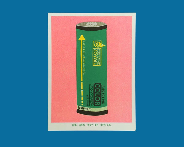 Picture of a Japanese inspired risograph print featuring a package of sea foam riso ink by Utrecht based We are out of office available now at Cuemars